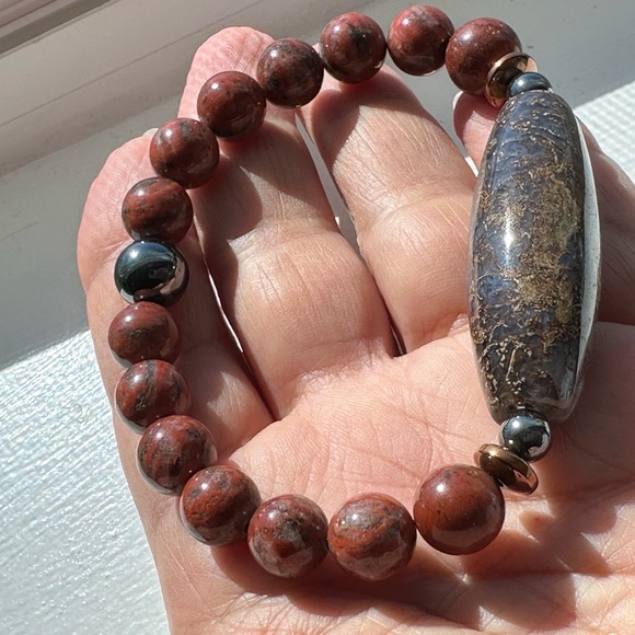 RED JASPER + OCEAN JASPER NATURAL STONES BRACELET size 7” - Picture 13 of 15